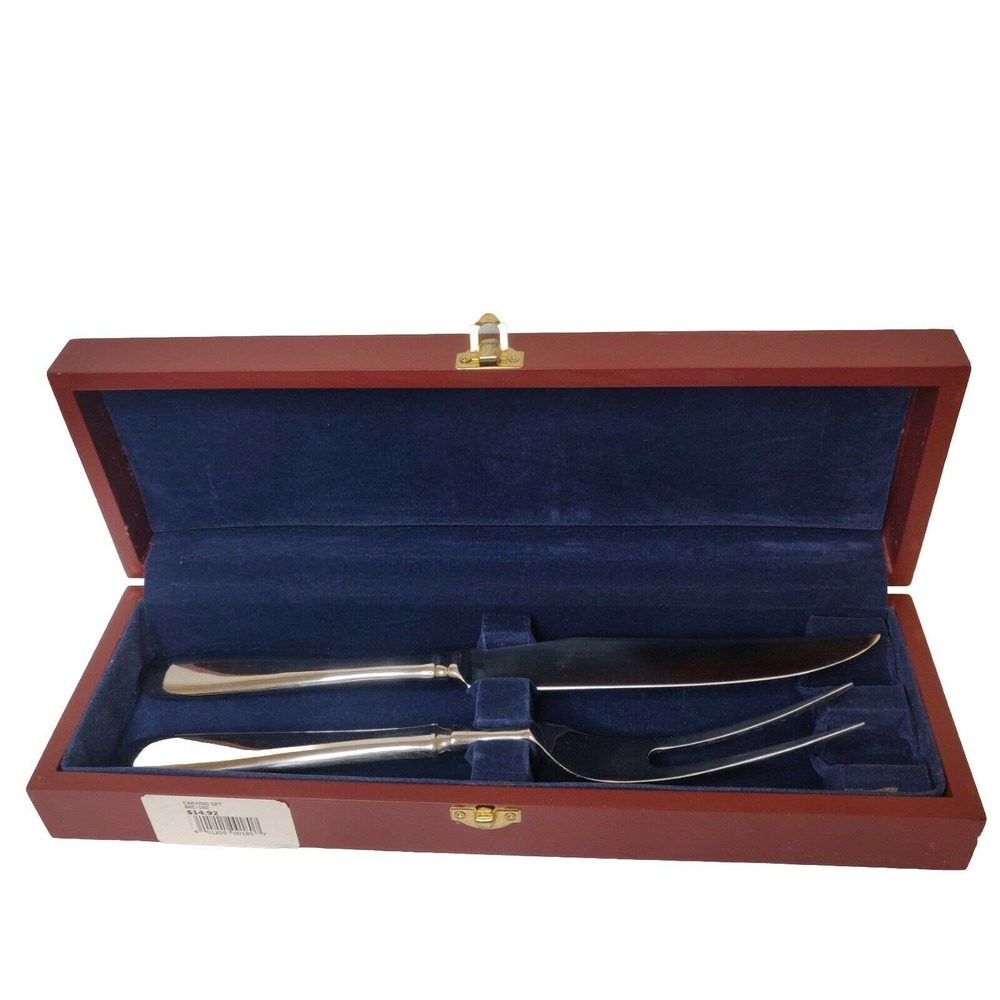 Vintage Hampton Silversmiths Stainless Steel 2 Piece Carving Set Wooden Box